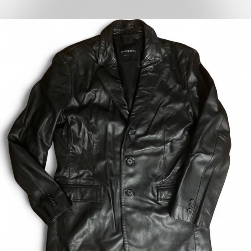 Andrew Marc Men's Sleek Black Leather Trench Coat